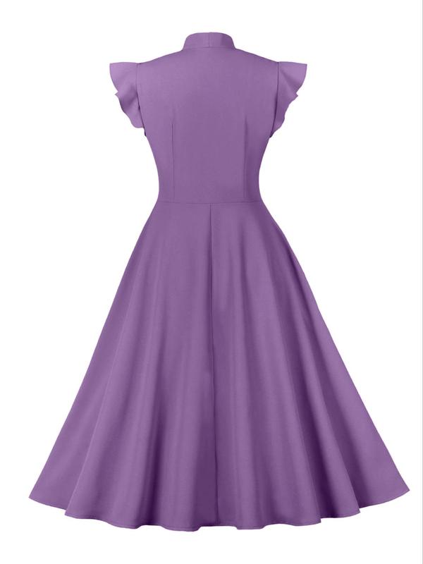 Women's Plain Pleated Butterfly Sleeve Ruffle Trim  Dress, Elegant Tie Neck Cap Sleeve Long Dress for Party Holiday Wedding Guest, Ladies Clothes for All Seasons