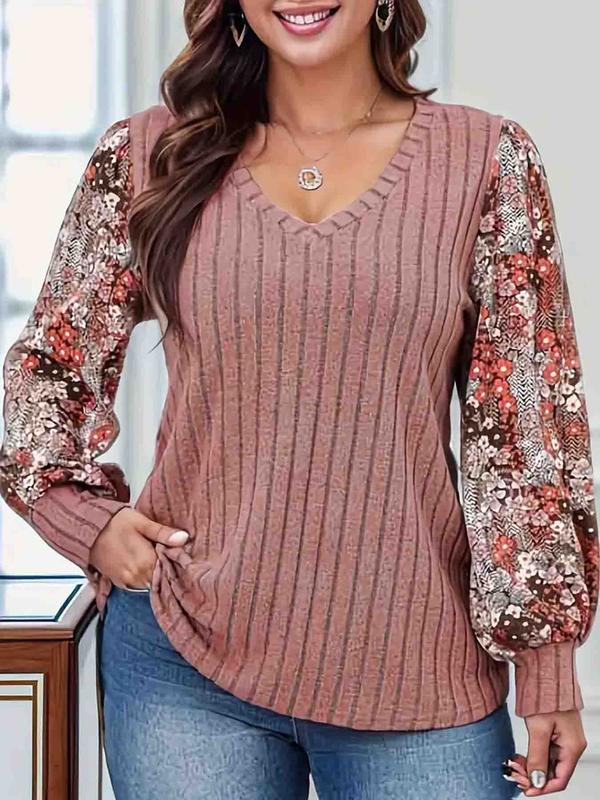  Floral Patchwork Print V Neck Top, Casual Bishop Sleeve Top for Daily Wear, Women's Clothing for All Seasons