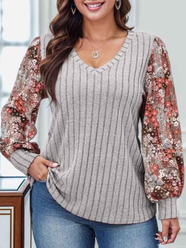  Floral Patchwork Print V Neck Top, Casual Bishop Sleeve Top for Daily Wear, Women's Clothing for All Seasons